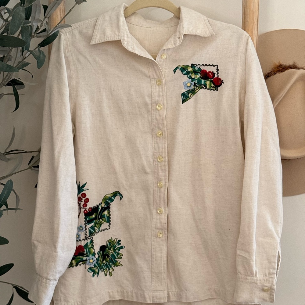 Women's Cream Embroidered Button-Up Shirt